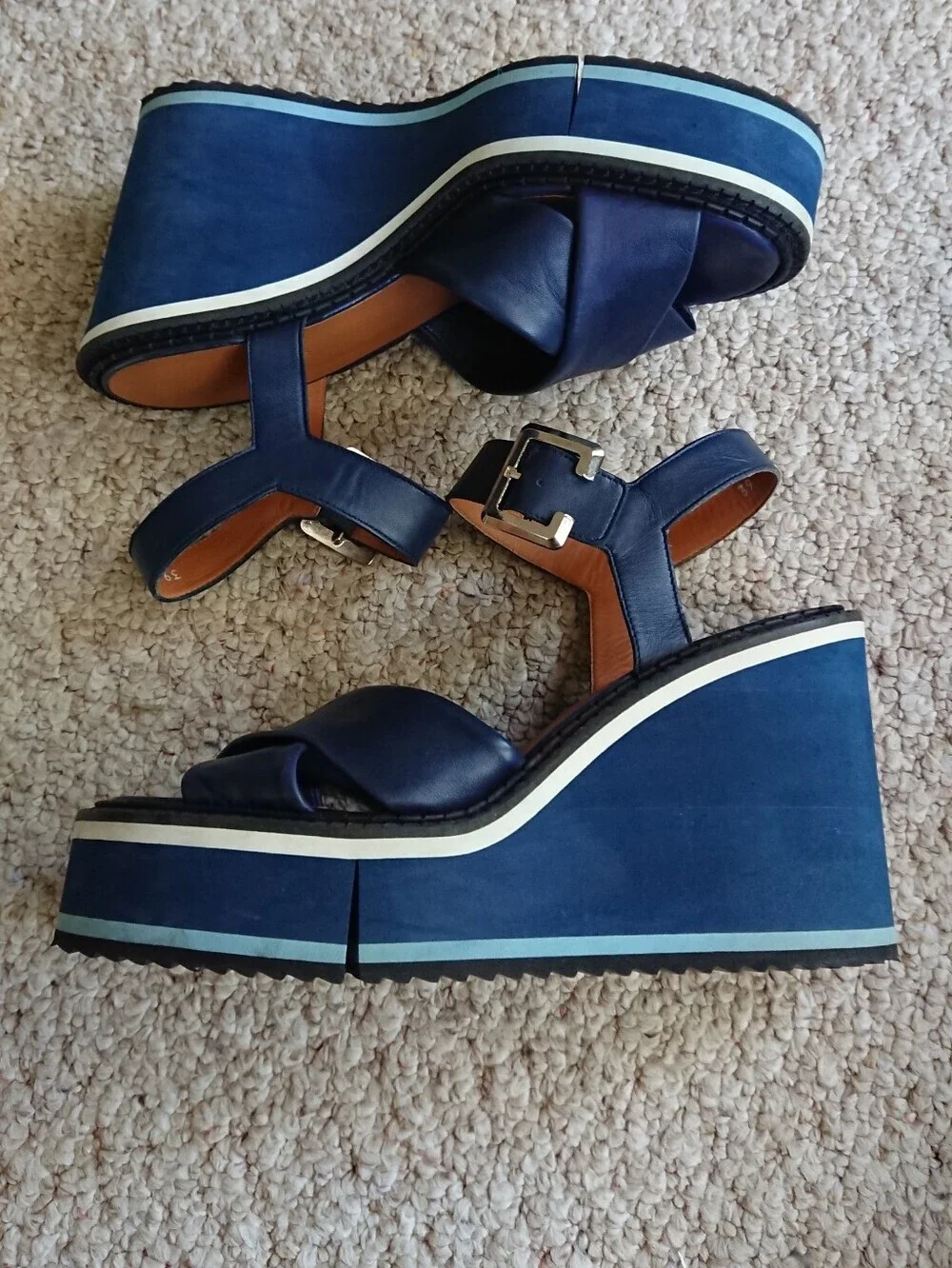 Robert Clergerie Noemie Navy Blue Platform Wedge Heeled Sandals size 8